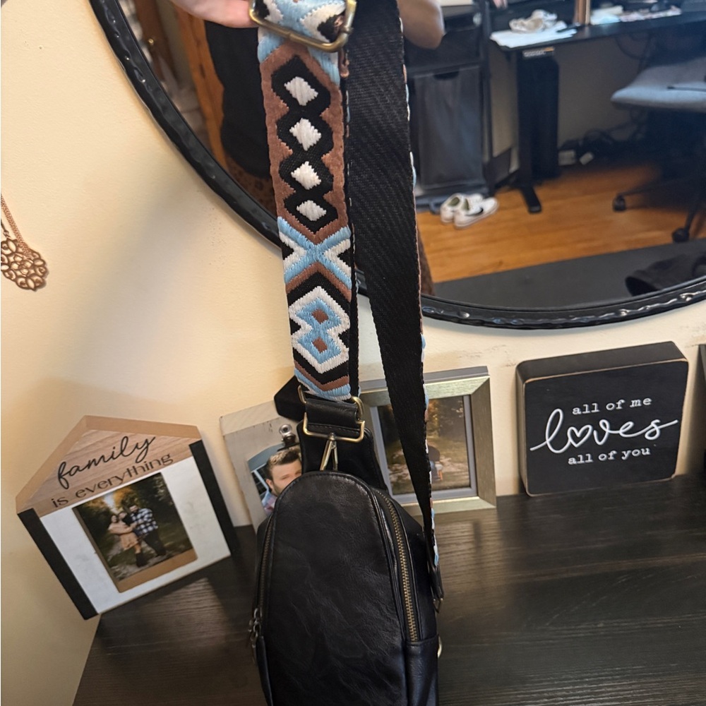 Black Crossbody Bag with Patterned Strap